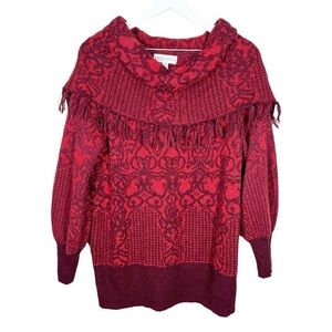 Knox Rose Womens Chenille Cowl Neck Red Damask Fringe Trim Sweater Size XL